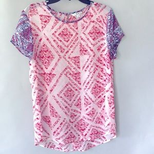 CAbi Sheer Geometrical/Floral Short Sleeve Top